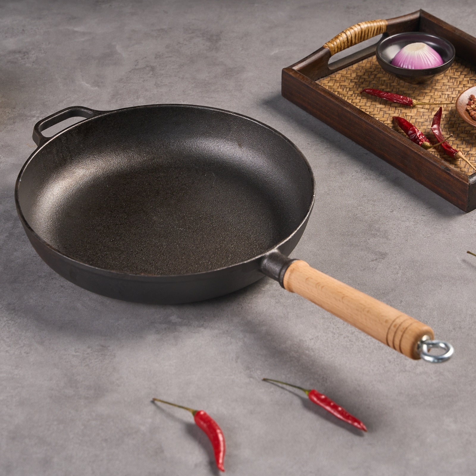 WANGYUANJI 11"Cast Iron Frying Pan, Non-stick Pan, Uncoated Pancake Skillet, Steak Frying Pan, With Wooden Handle, Household For All Stove, Free Steel Wire Ball_voghion.com